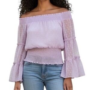 BEBE Lavender Swiss Dot Off Shoulder Smocked Belled Sleeve Blouse Top EUC Size 0